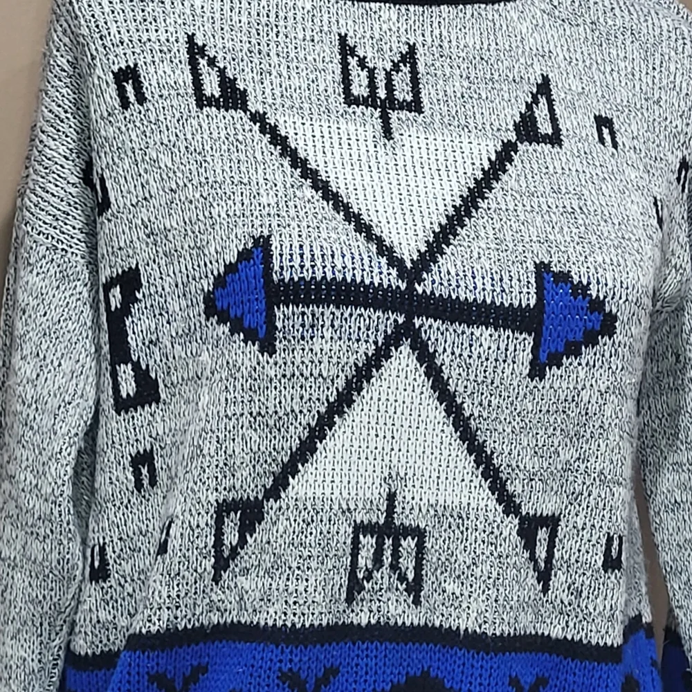 Vtg 90s Adele Knit Sweater Gray Black Blue Size Small Arrows Made in USA
